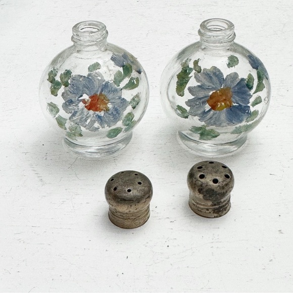 Vintage Depression Glass Salt Pepper Shaker Set with Stands Hand Painted Flowers - Picture 6 of 9